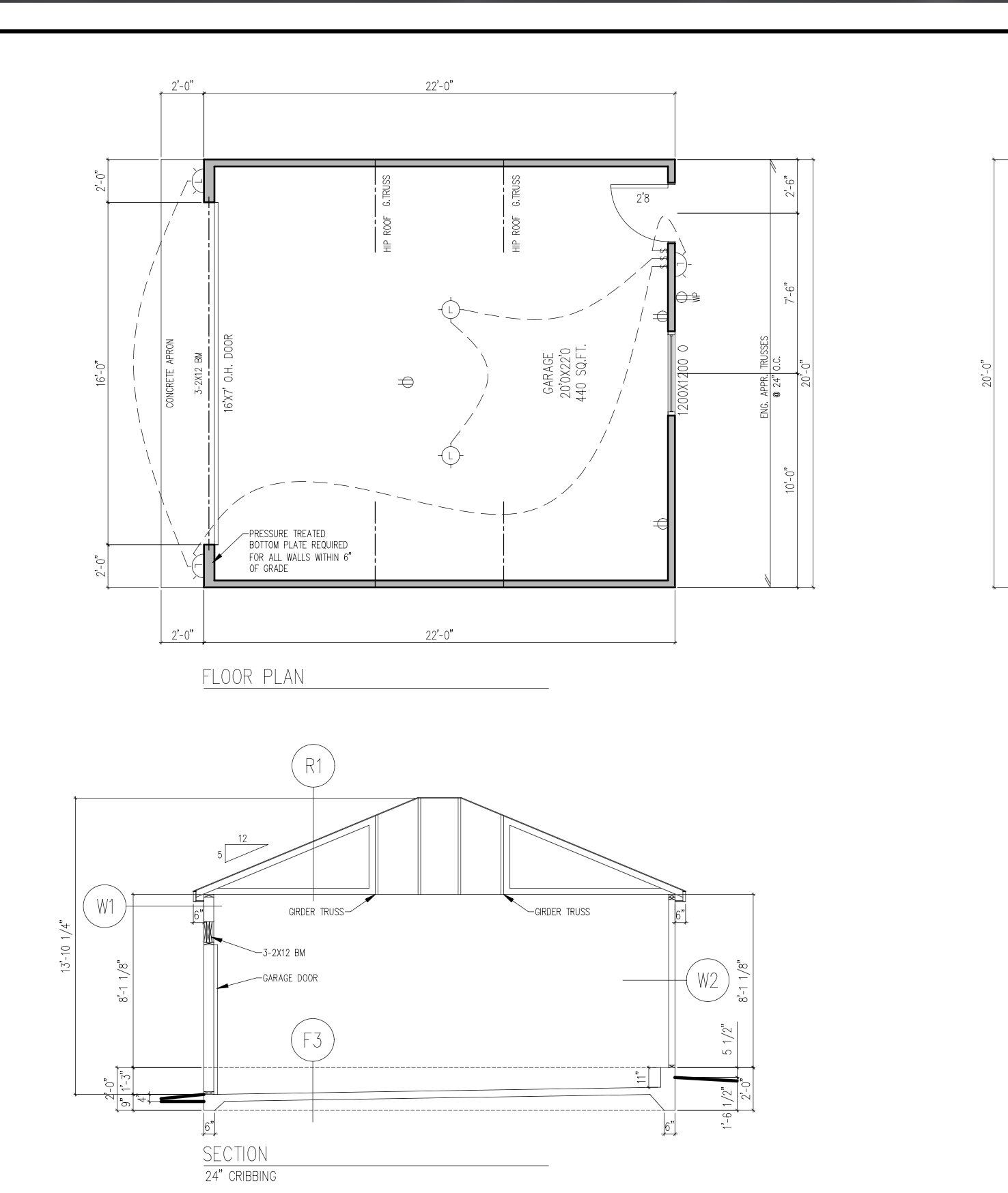Original garage floor plan and building section